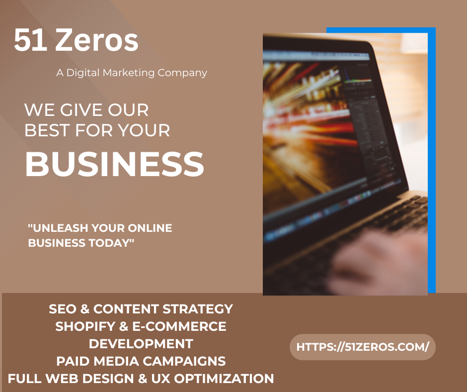 51 Zeros digital marketing company banner featuring services like SEO, e-commerce development, UX design, and paid media strategies