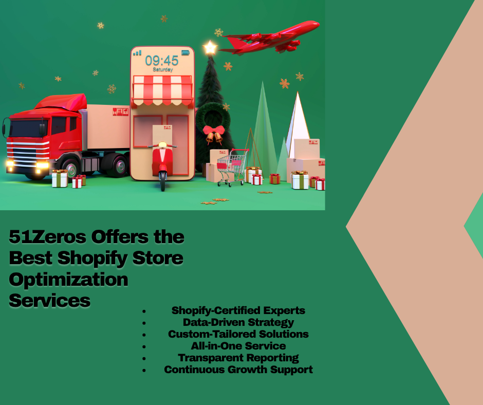 Holiday-themed e-commerce graphic showing delivery truck, mobile storefront, and shopping elements with text about Shopify store optimization services from 51Zeros