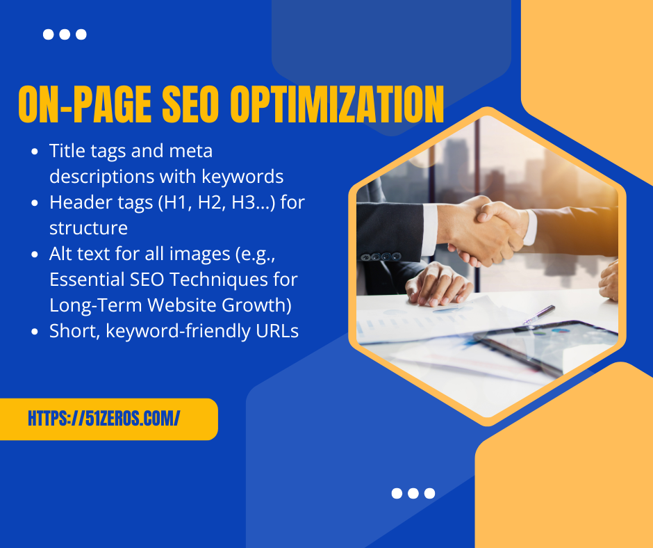 On-Page SEO Optimization techniques with image of business handshake and digital tools