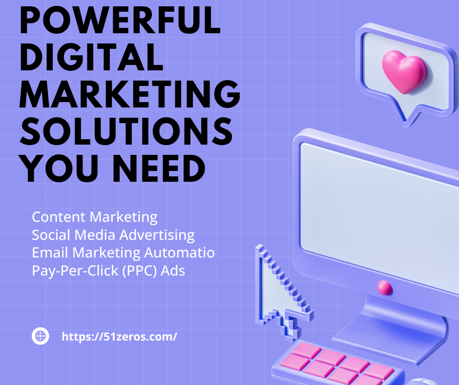 3D-rendered desktop computer with a pixelated cursor and heart icon, promoting digital marketing services on a purple grid background.