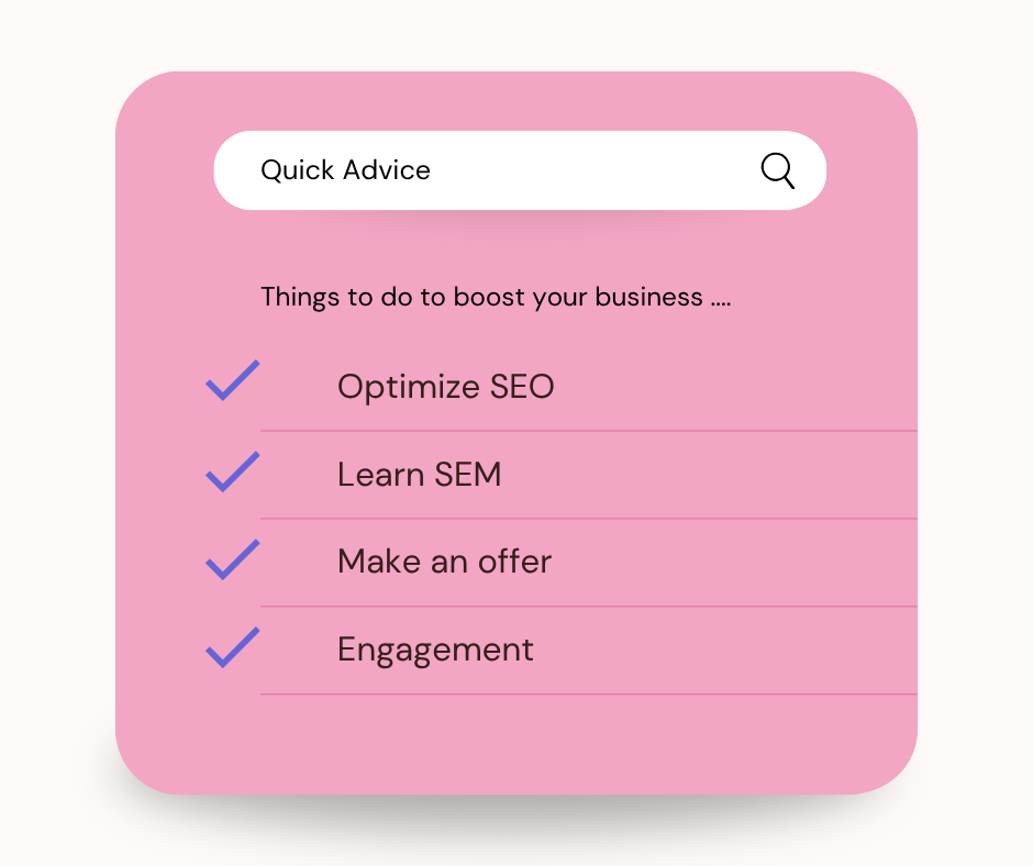 A pink search box graphic with a checklist for boosting business, including SEO, SEM, offers, and engagement tips.