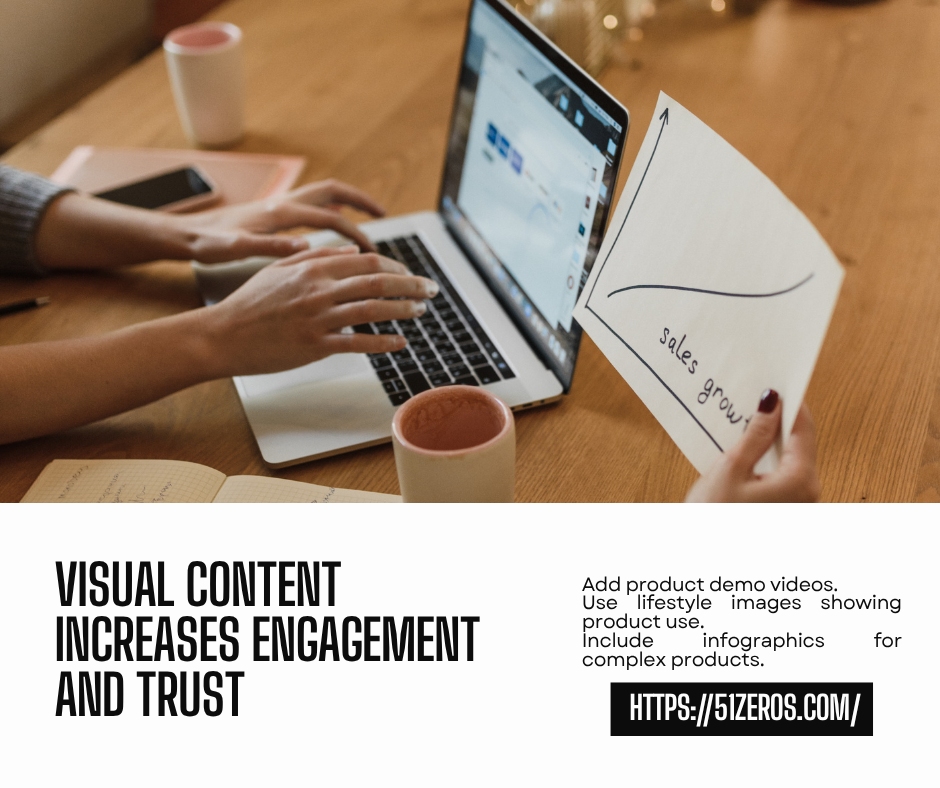 Person using a laptop while holding a sales growth chart, emphasizing the role of visual content in boosting engagement and trust